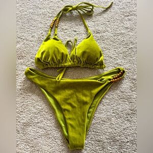 Lime green velvet bikini with gold bead detail